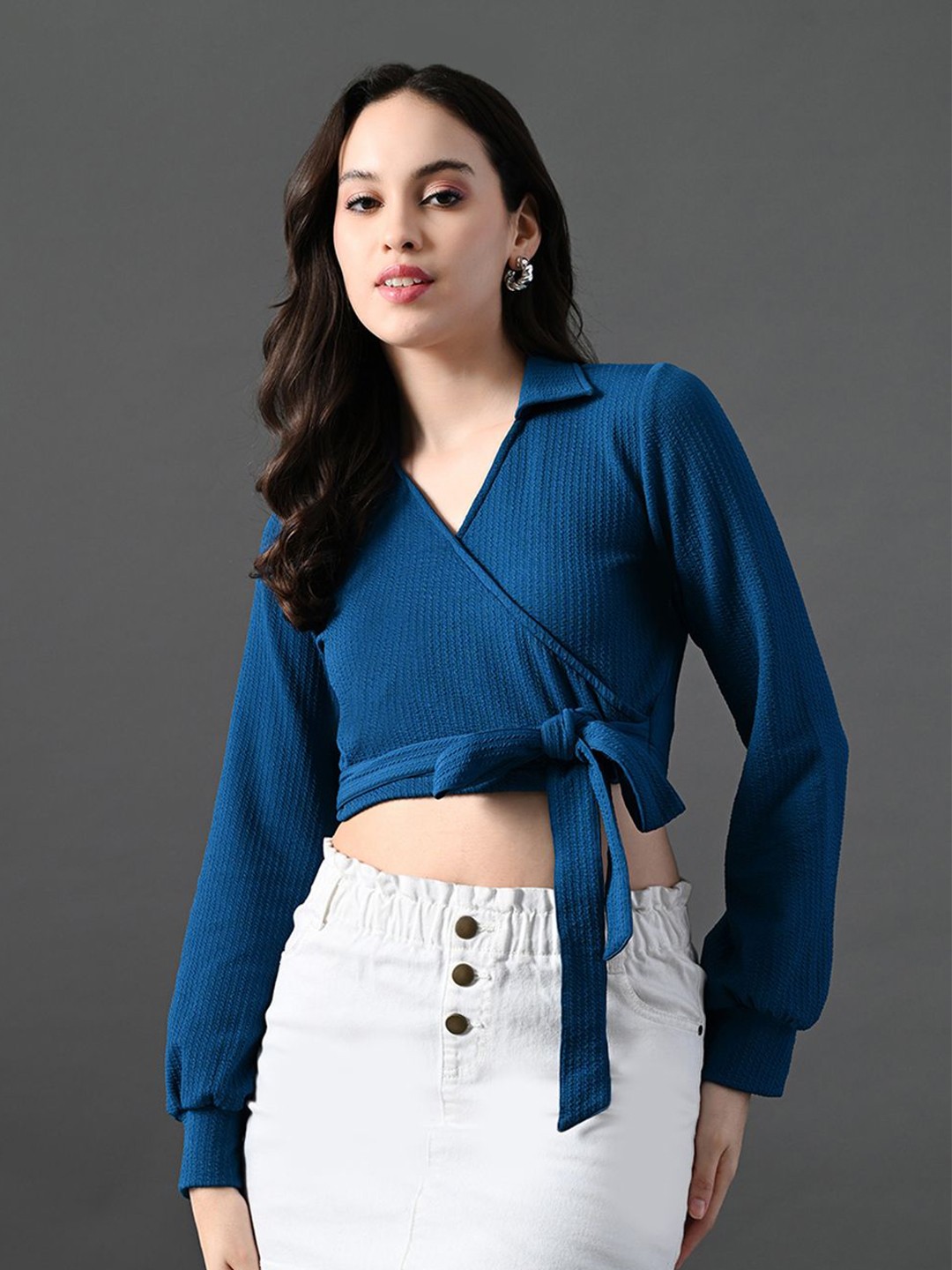 

The Roadster Lifestyle Co V-Neck Full Sleeve Crop Top, Blue