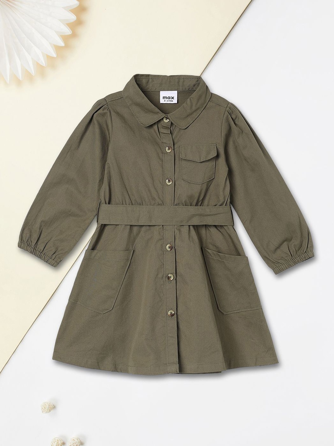 

max Girls Cotton Cuffed Sleeves Shirt Dress, Olive