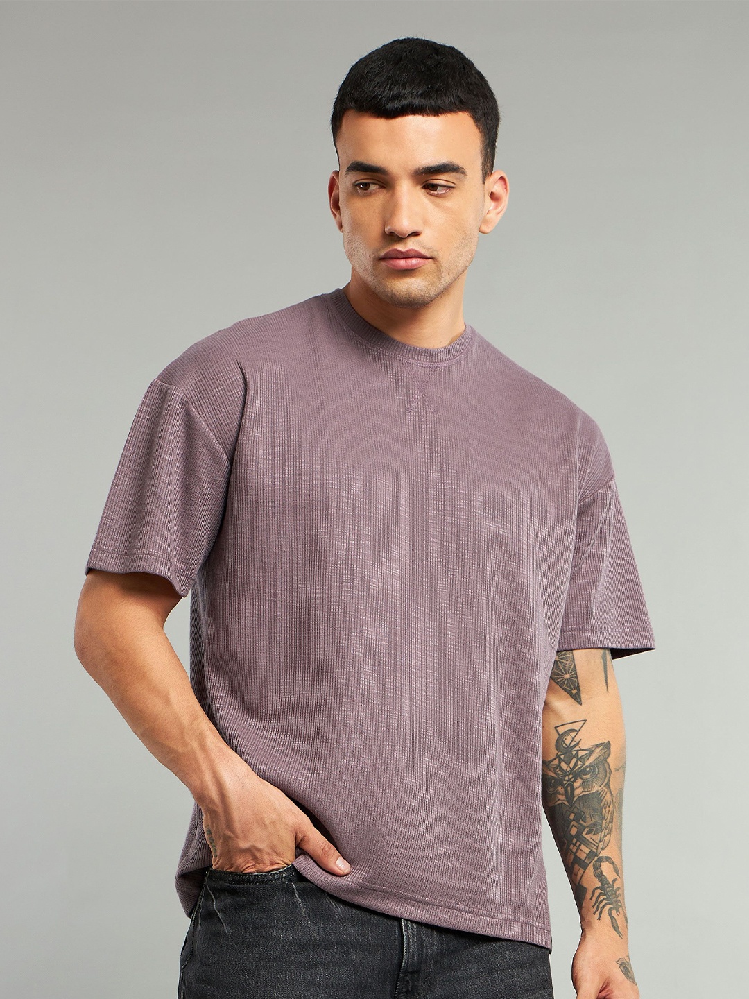 

Beyoung Men Extended Sleeves Raw Edge T-shirt, Purple