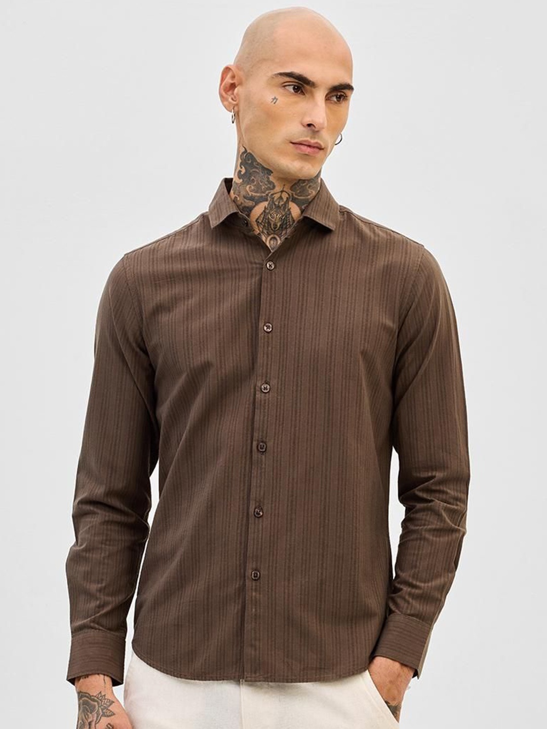 

Snitch Men Smart Slim Fit Opaque Striped Casual Shirt, Brown