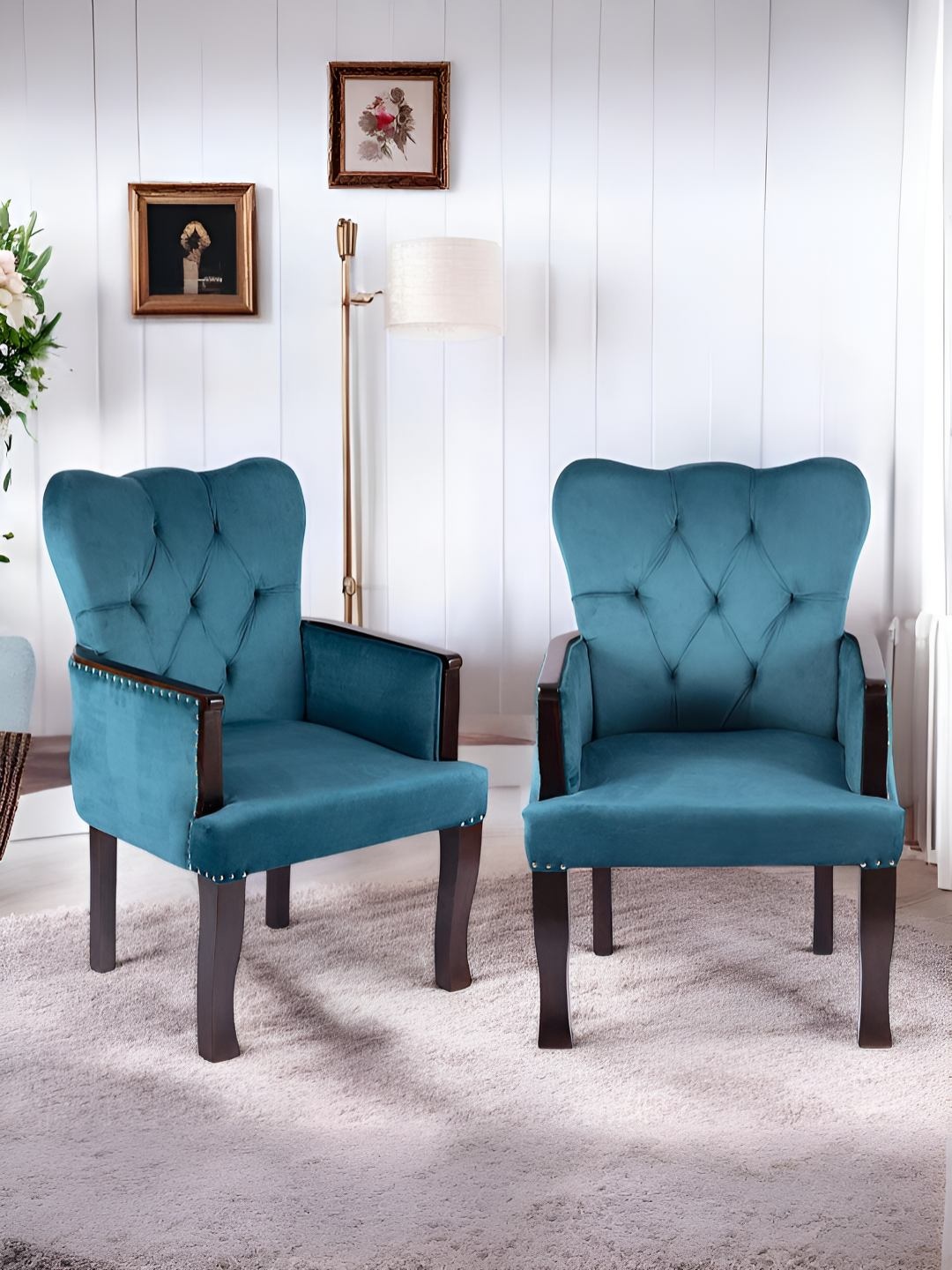 

Ikiriya 2Pcs Turquoise Blue & Black Textured Wooden Lounge Chairs