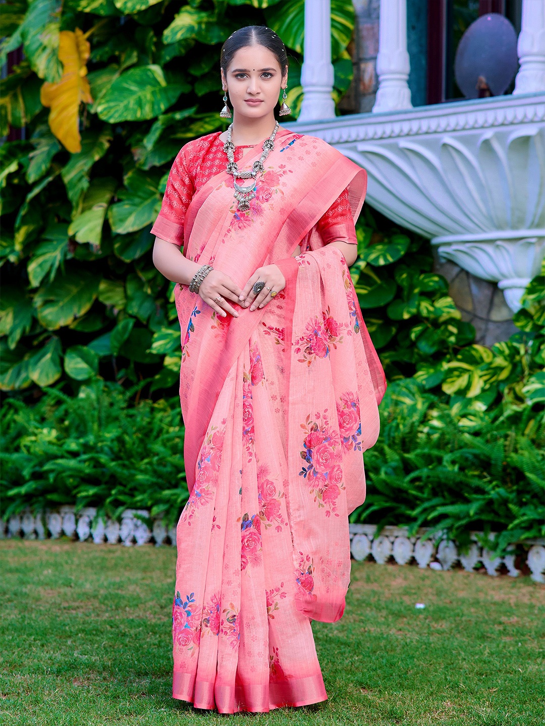

Anouk Floral Printed Zari Saree, Pink