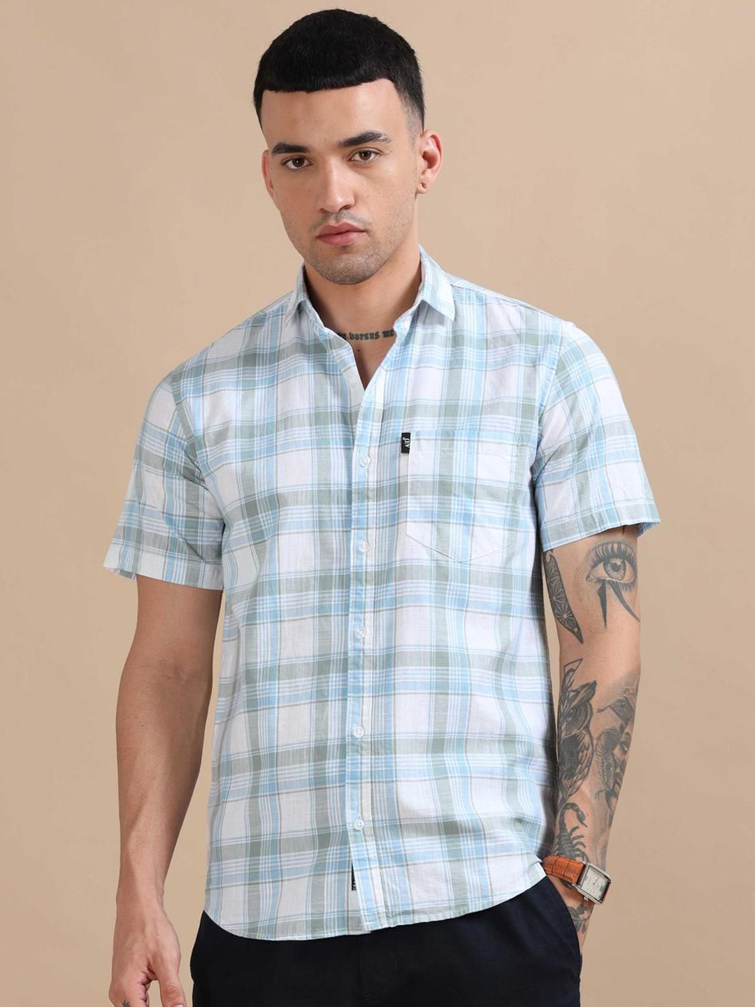 

HOUSE OF MAHNOTS Men Classic Opaque Checked Casual Shirt, Blue