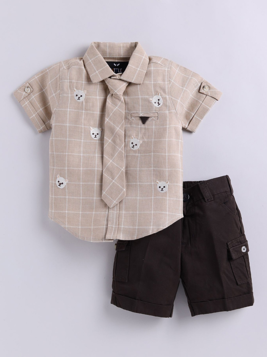 

LITTLE COLLARS Boys Printed Shirt with Shorts, Beige