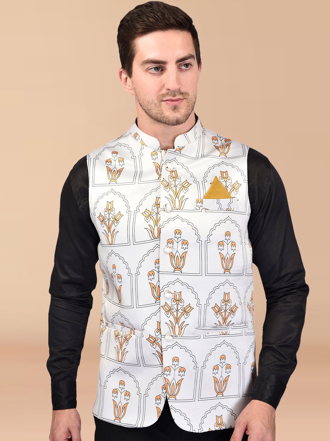 

BOWLIFESTYLE Printed Nehru Jacket, White