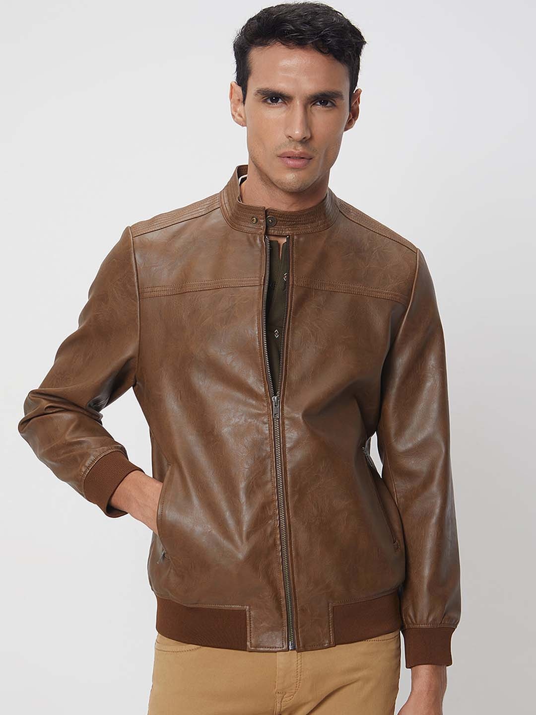 

Mufti Stand Collar Slim Fit Biker Jacket, Brown