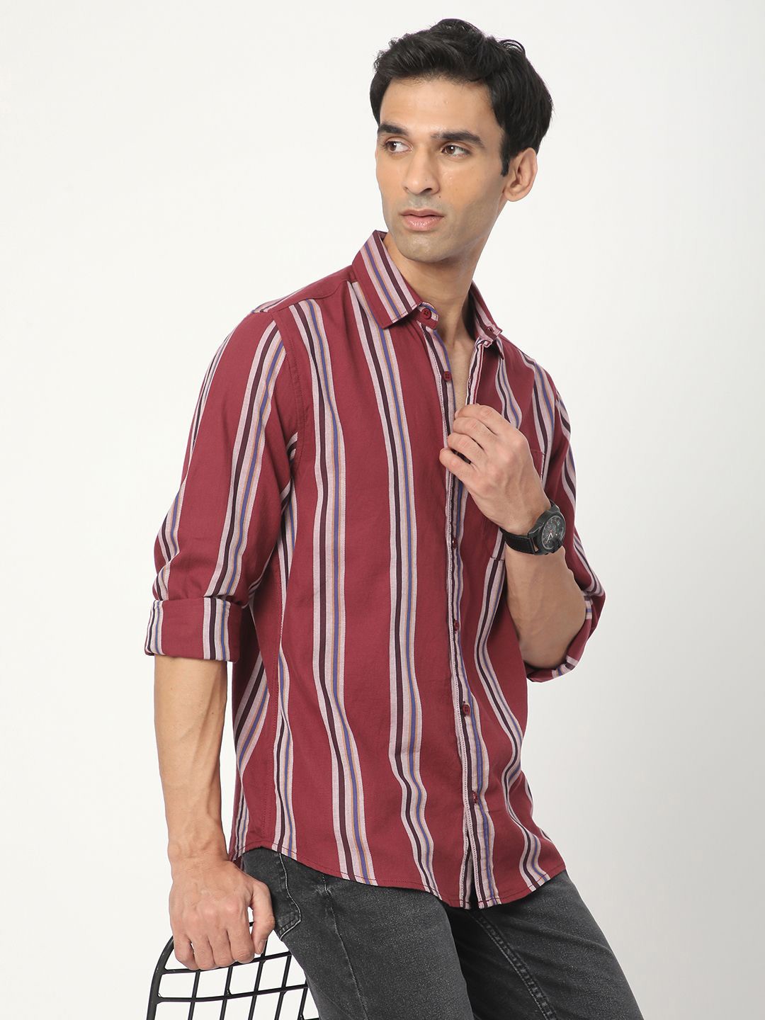

R&B Men Opaque Striped Casual Shirt, Red