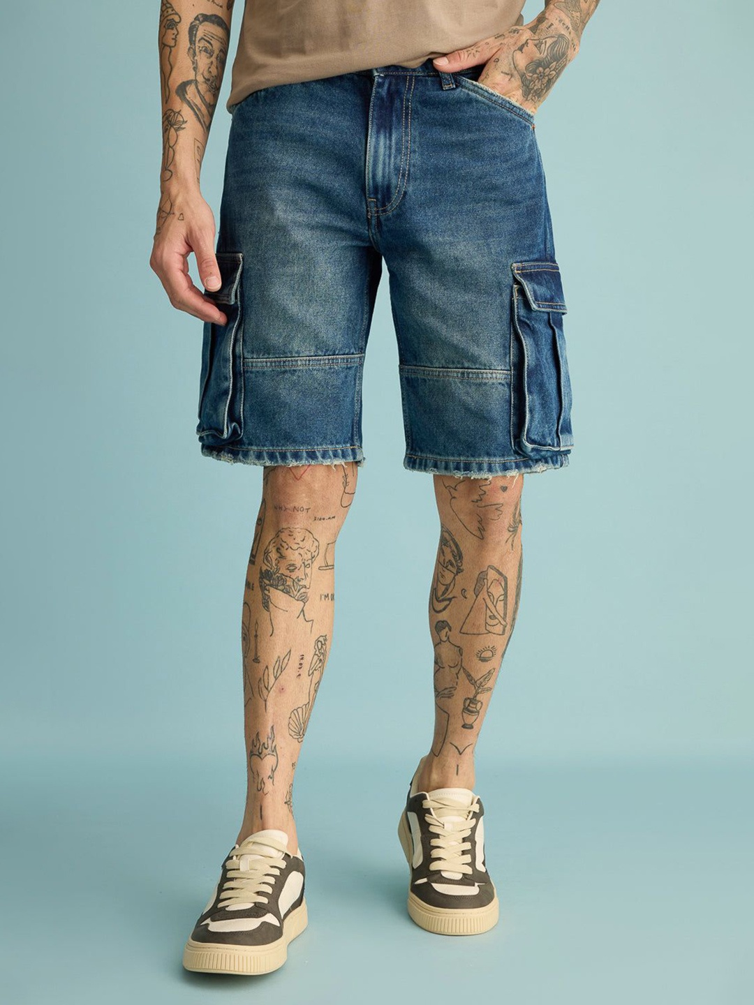 

FREAKINS Men Washed Denim Denim Shorts, Blue