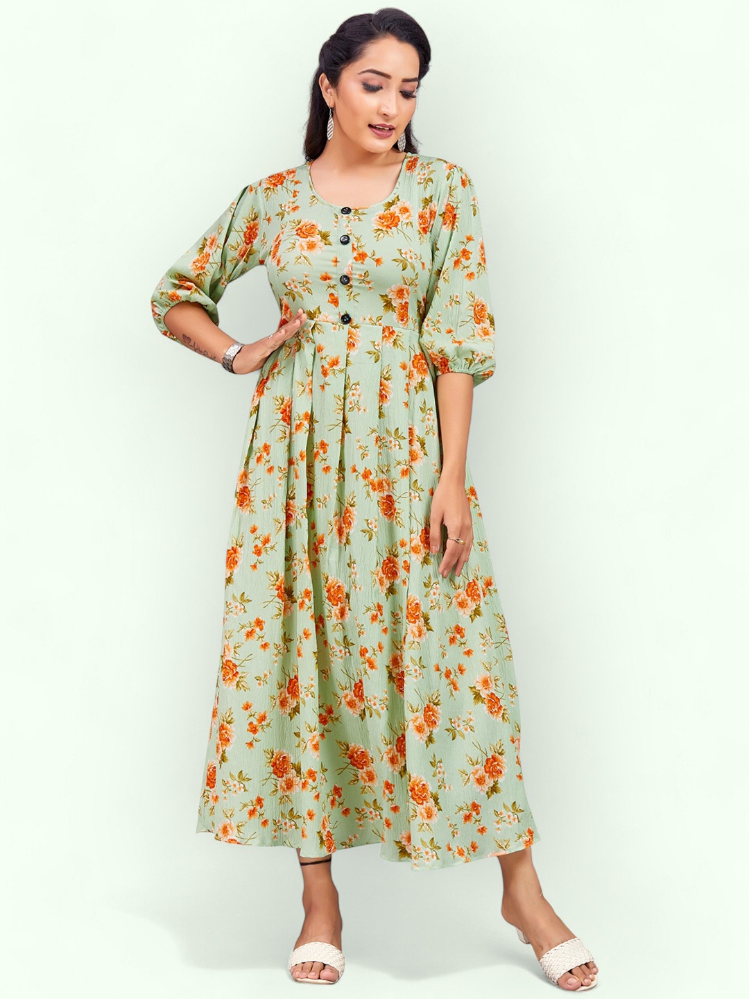 

PAMPER YOURSELF Floral Print Georgette Fit & Flare Maxi Dress, Sea green