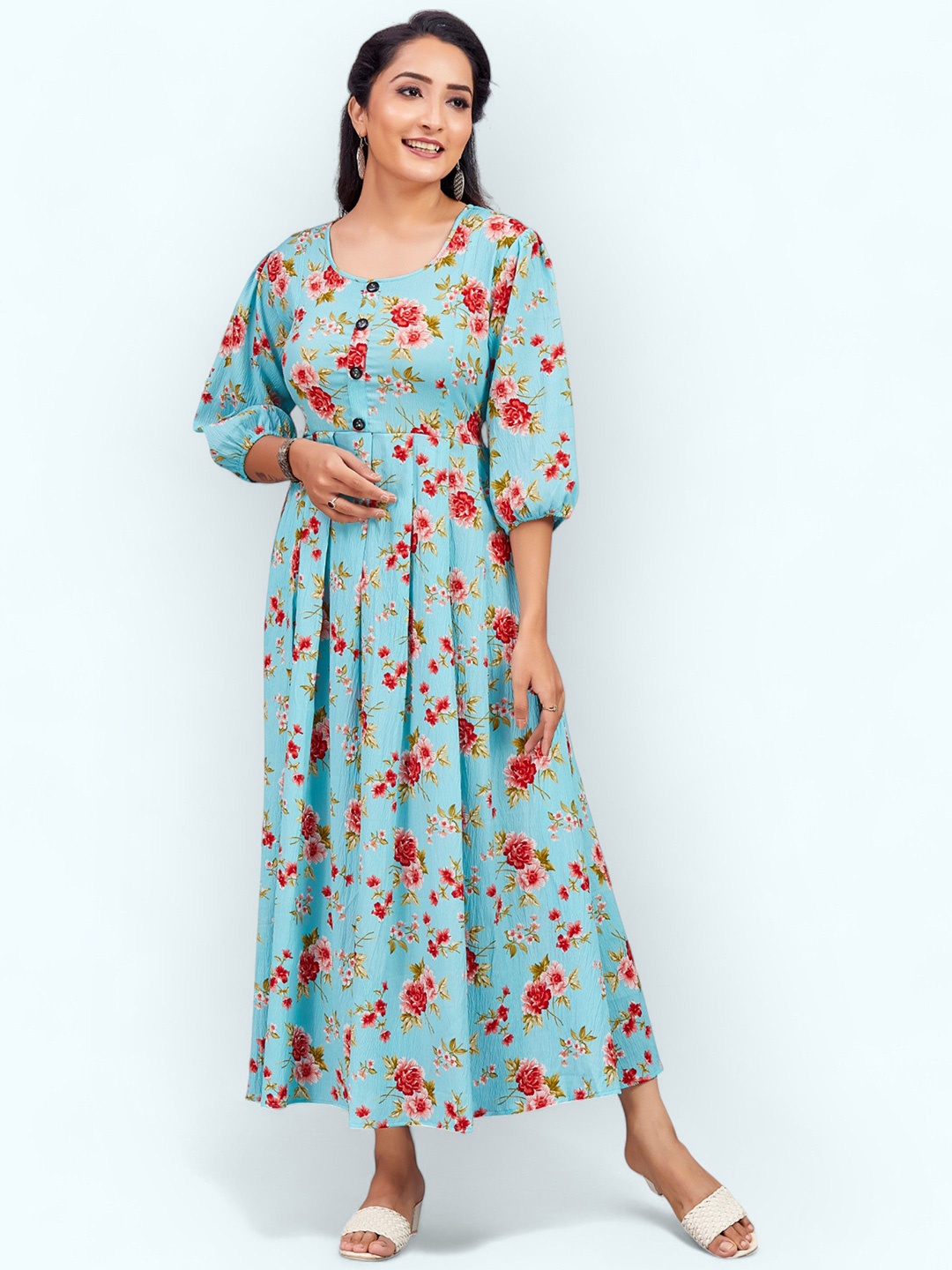 

PAMPER YOURSELF Floral Print Georgette Fit & Flare Maxi Dress, Blue