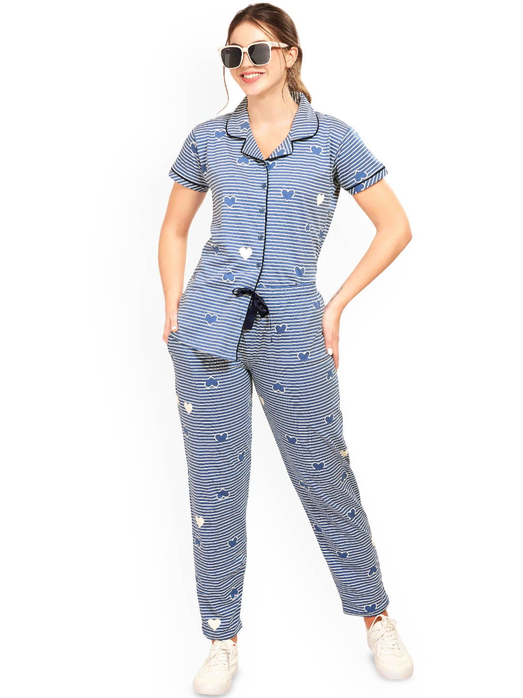 

Lotik Women Printed Shirt & Pyjama Night suit, Blue