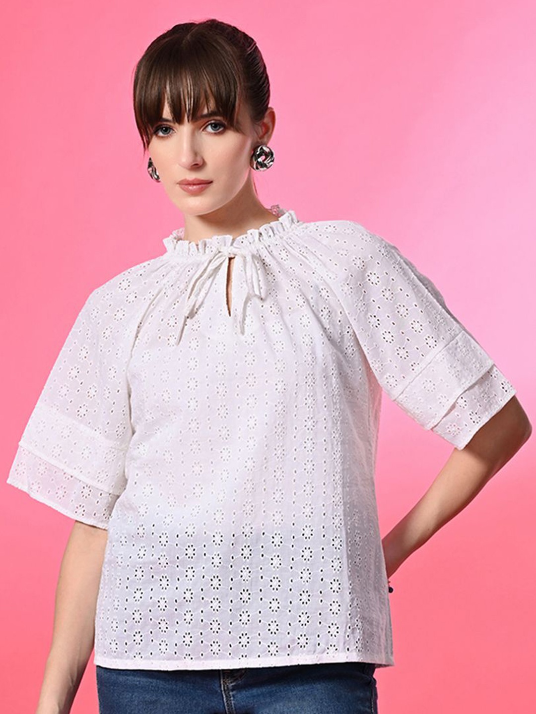 

all about you Women Tie-Up Neck Flared Sleeves Schiffli Top, White