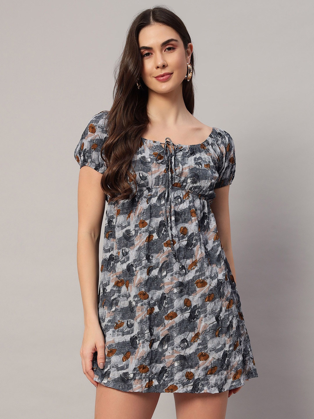 

ROCK AND ROLL Women Floral Printed Tie-Ups A-Line Mini Dress, Charcoal
