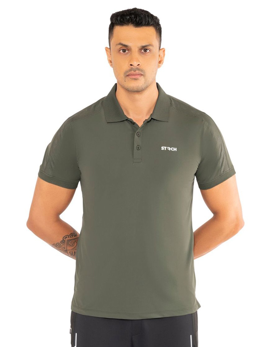 

STRCH Men Polo Collar Anti Odour Applique T-shirt, Olive
