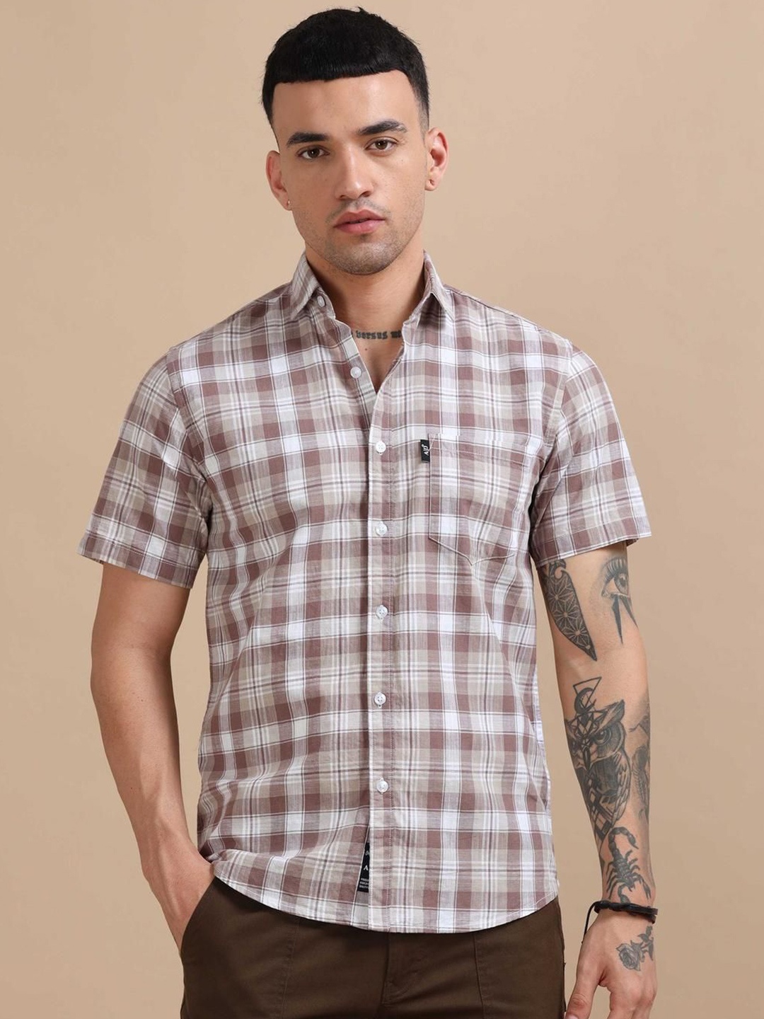 

HOUSE OF MAHNOTS Men Classic Opaque Checked Casual Shirt, Brown
