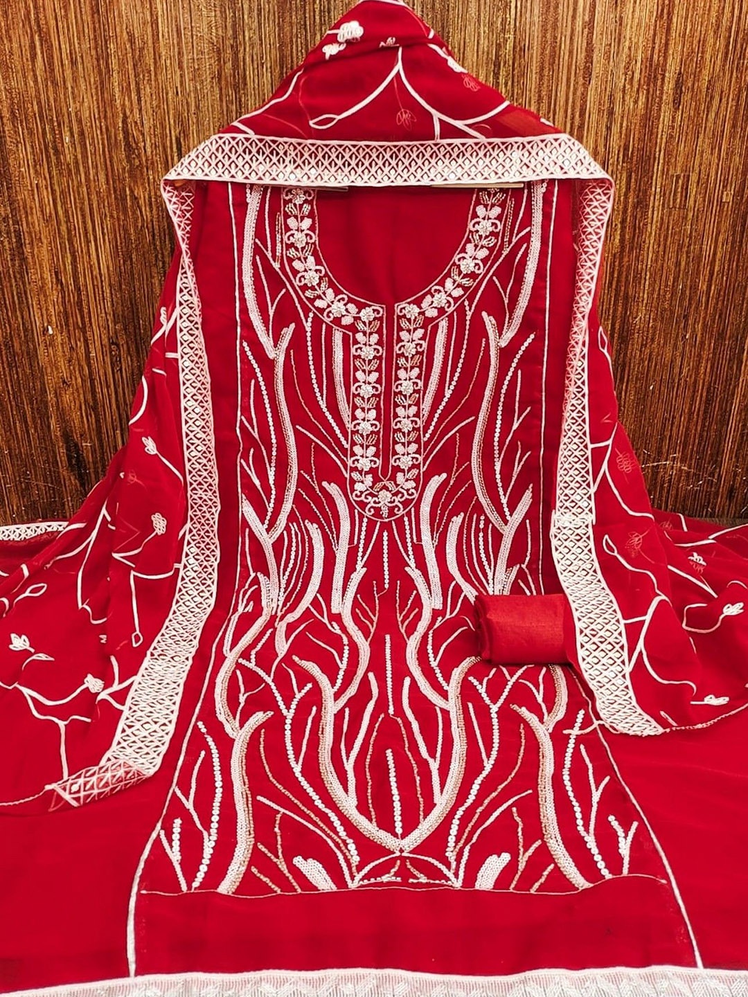 

mimi design Silk Georgette Unstitched Dress Material, Red