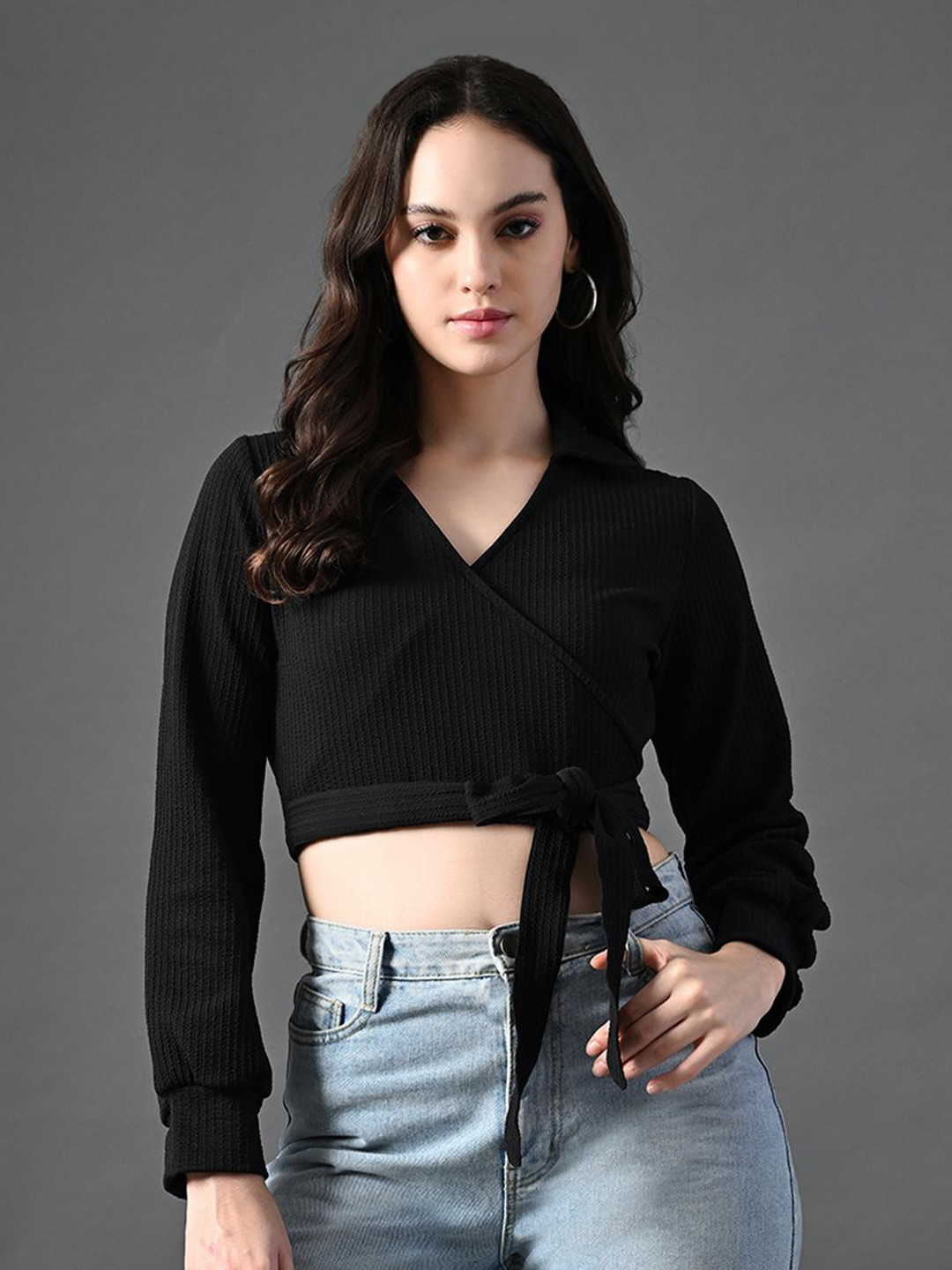 

The Roadster Lifestyle Co Full Sleeves Cropped Wrap Top, Black