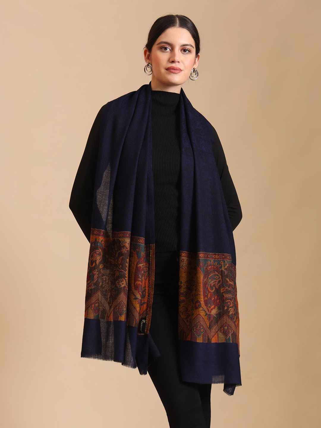 

Zamour Women Kashmiri Pure Woollen Woven Design Stole, Navy blue