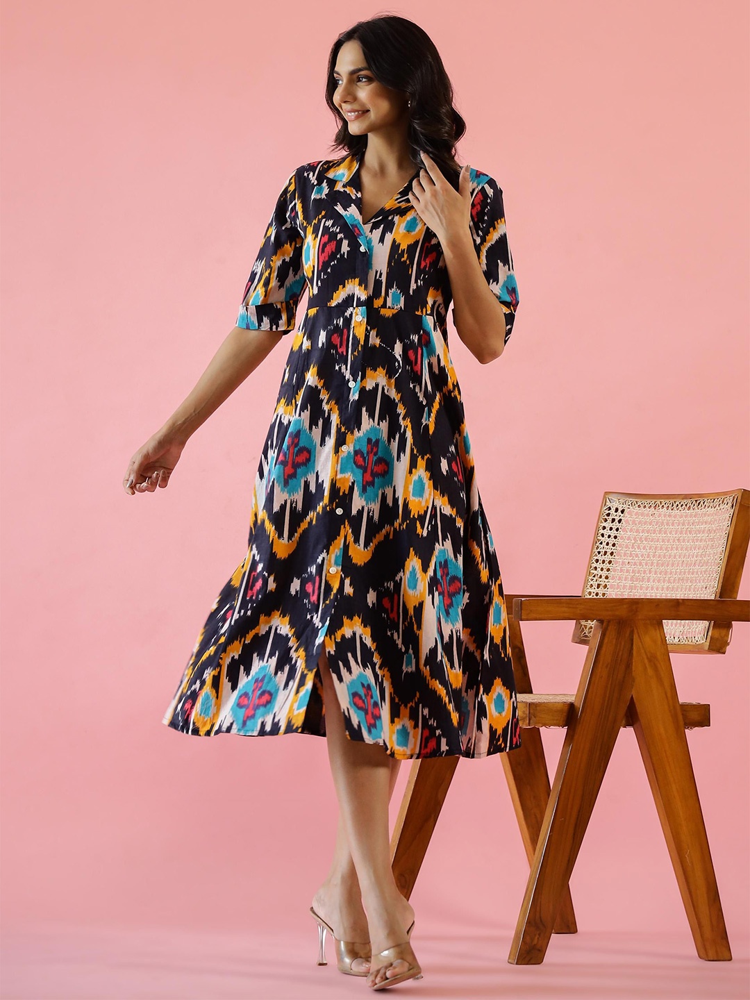 

FLAVIA CREATION Women Printed Shirt Collar Cotton A-Line Midi Dress, Navy blue