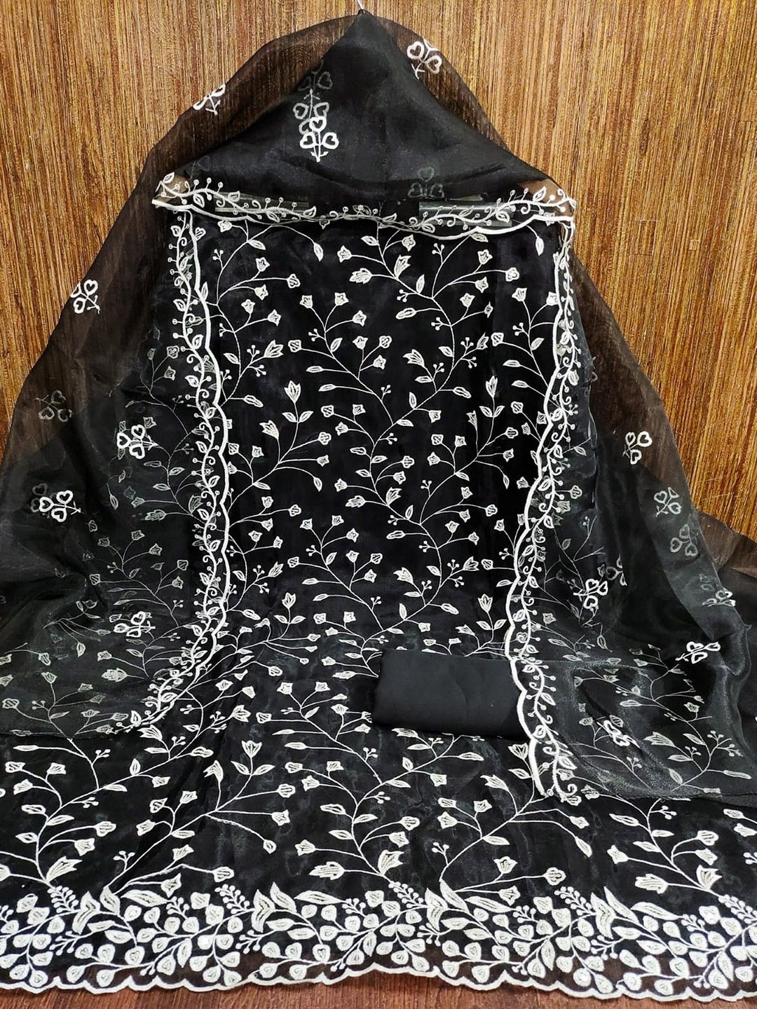 

ZEEPKART Organza Unstitched Dress Material, Black
