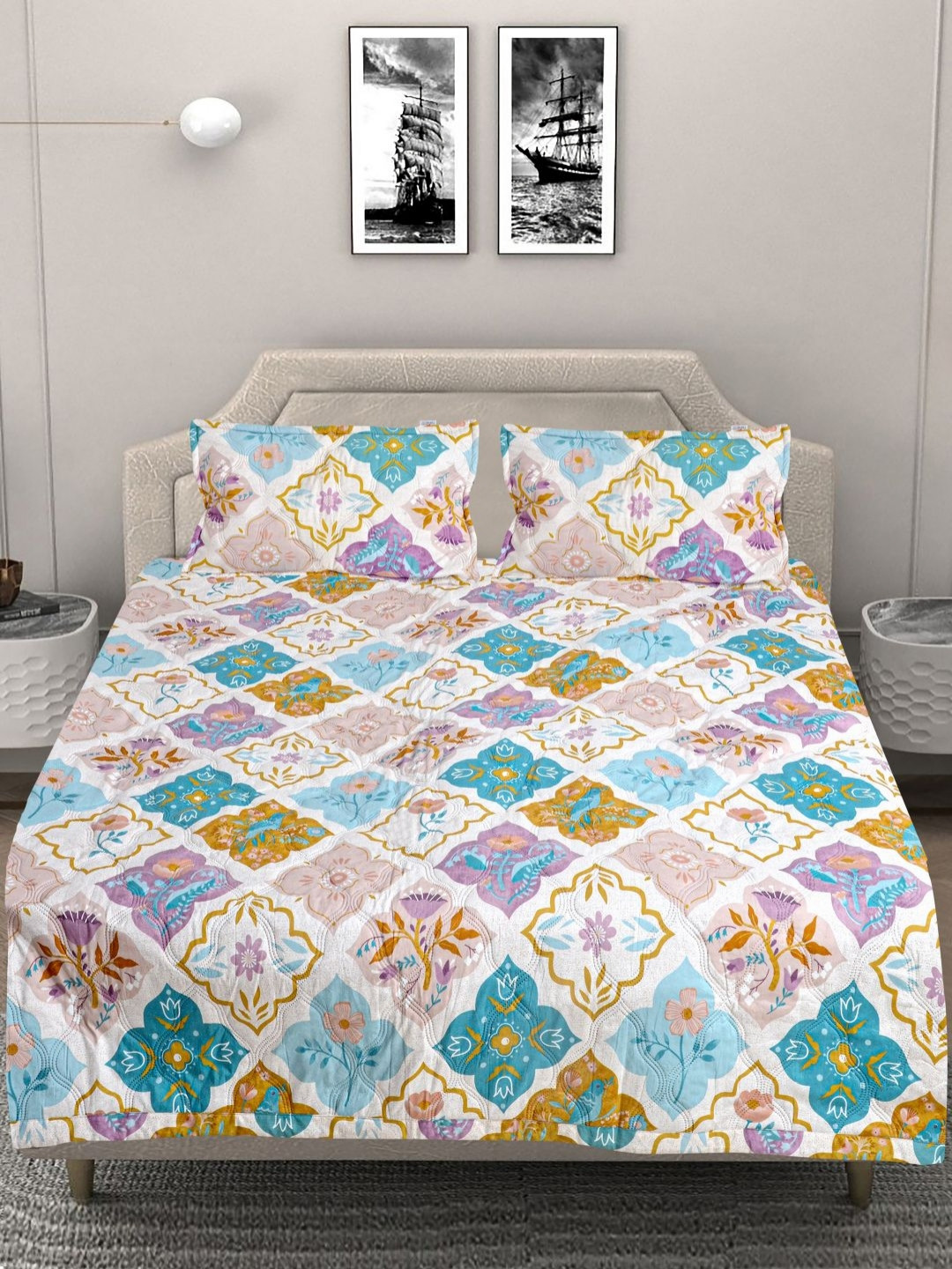 

FABINALIV White & Blue Printed Bed Cover With Pillow Covers
