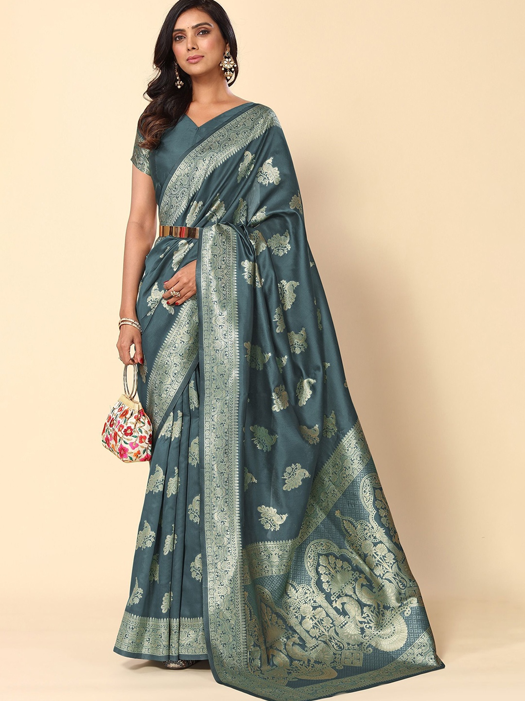 

Subham Ethnic Motifs Woven Design Zari Banarasi Saree, Grey