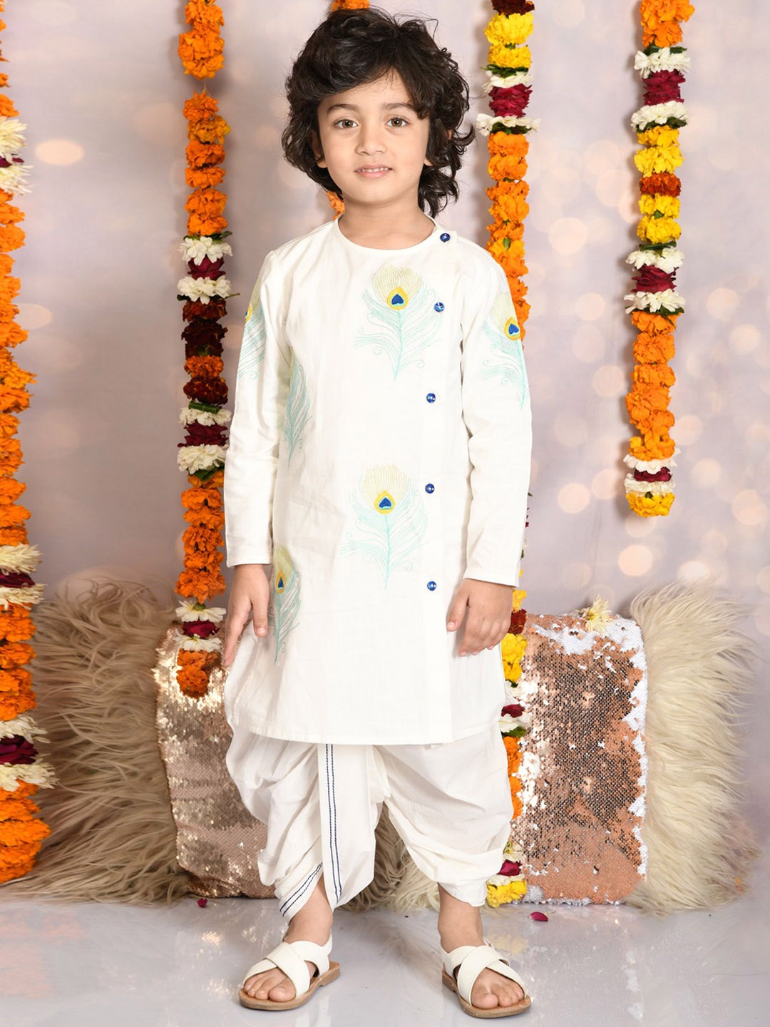 

MUDKID Boys Ethnic Motifs Embroidered Angrakha Thread Work Pure Cotton Kurta with Dhoti Pants, Cream