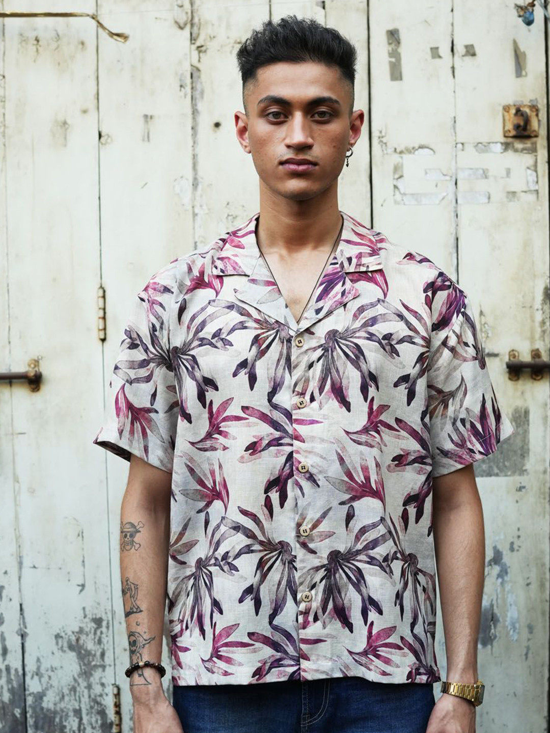 

Big Bunny Men Custom Floral Opaque Casual Shirt, Beige