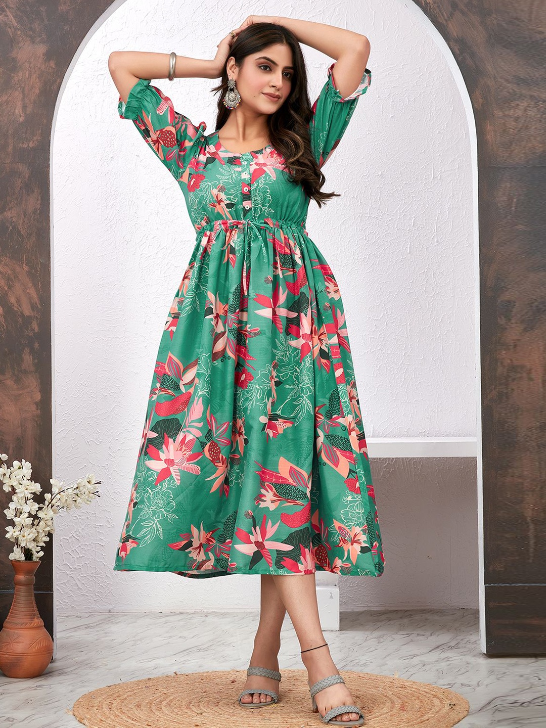 

COLORCART Women Floral Printed Puff Sleeves Fit and Flare Midi Dress, Green