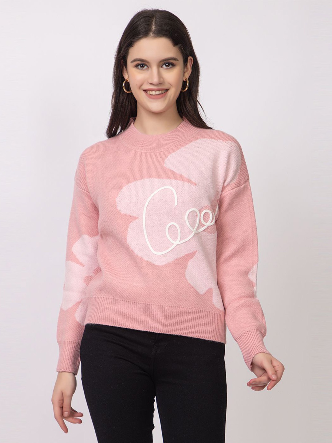 

Lory Women Floral Self Design Woollen Pullover, Pink