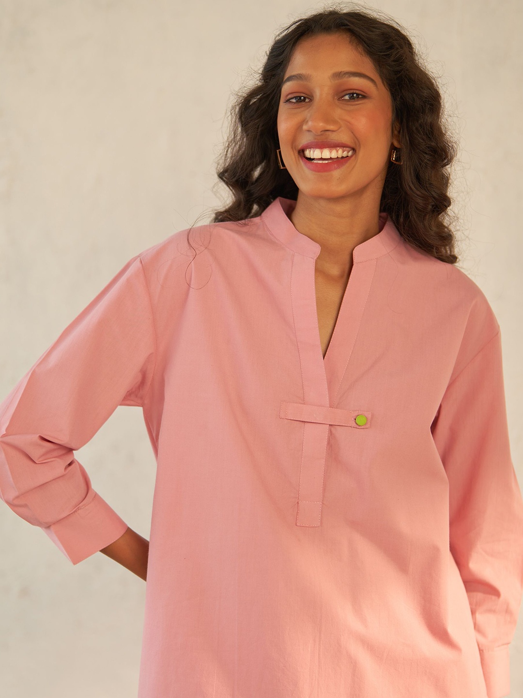 

Canoopi Cotton Mandarin Collar Tunic With Trousers Co-Ords, Pink