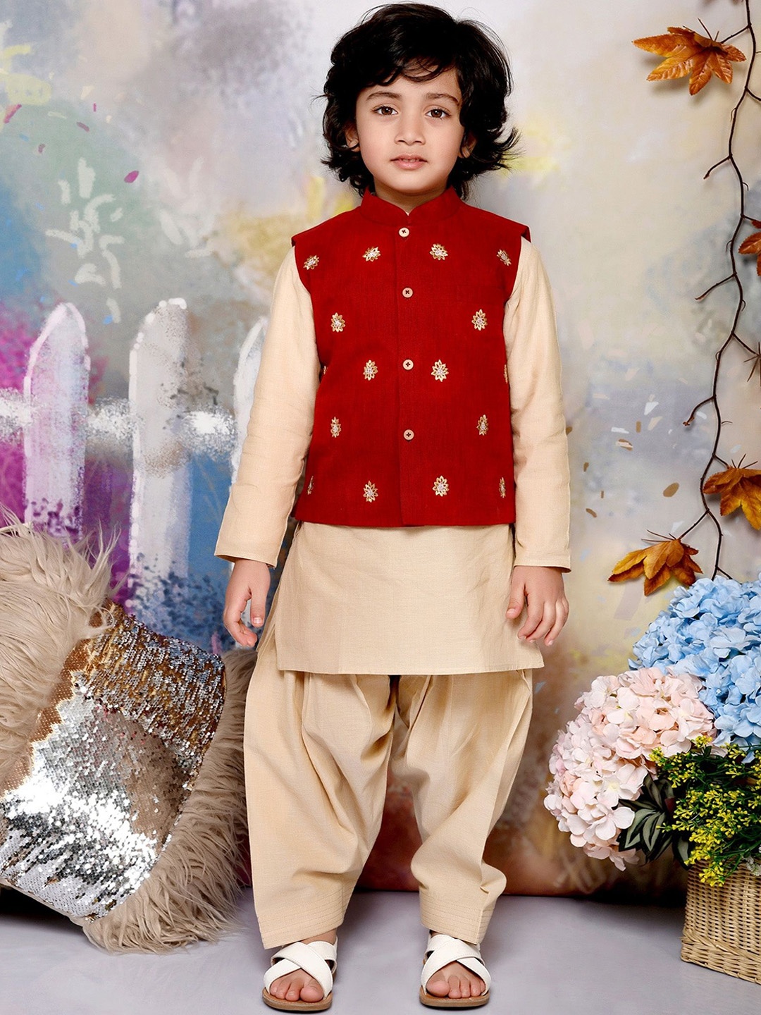 

MUDKID Boys Embroidered Regular Thread Work Pure Cotton Kurta with Dhoti Pants, Maroon