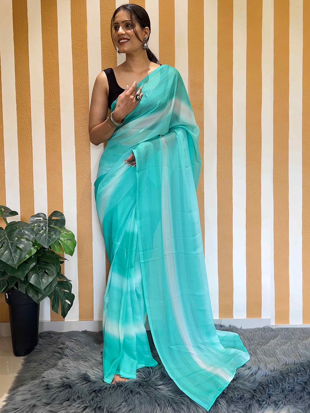 

HERE&NOW Striped Poly Georgette Saree, Turquoise blue