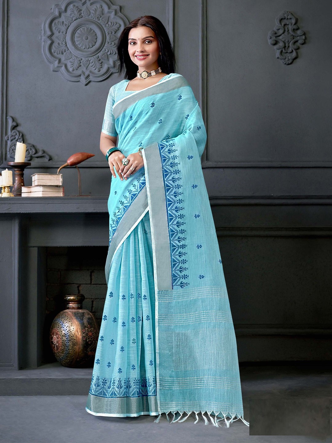 

MAHALASA Ethnic Motifs Embroidered Chanderi Saree, Turquoise blue