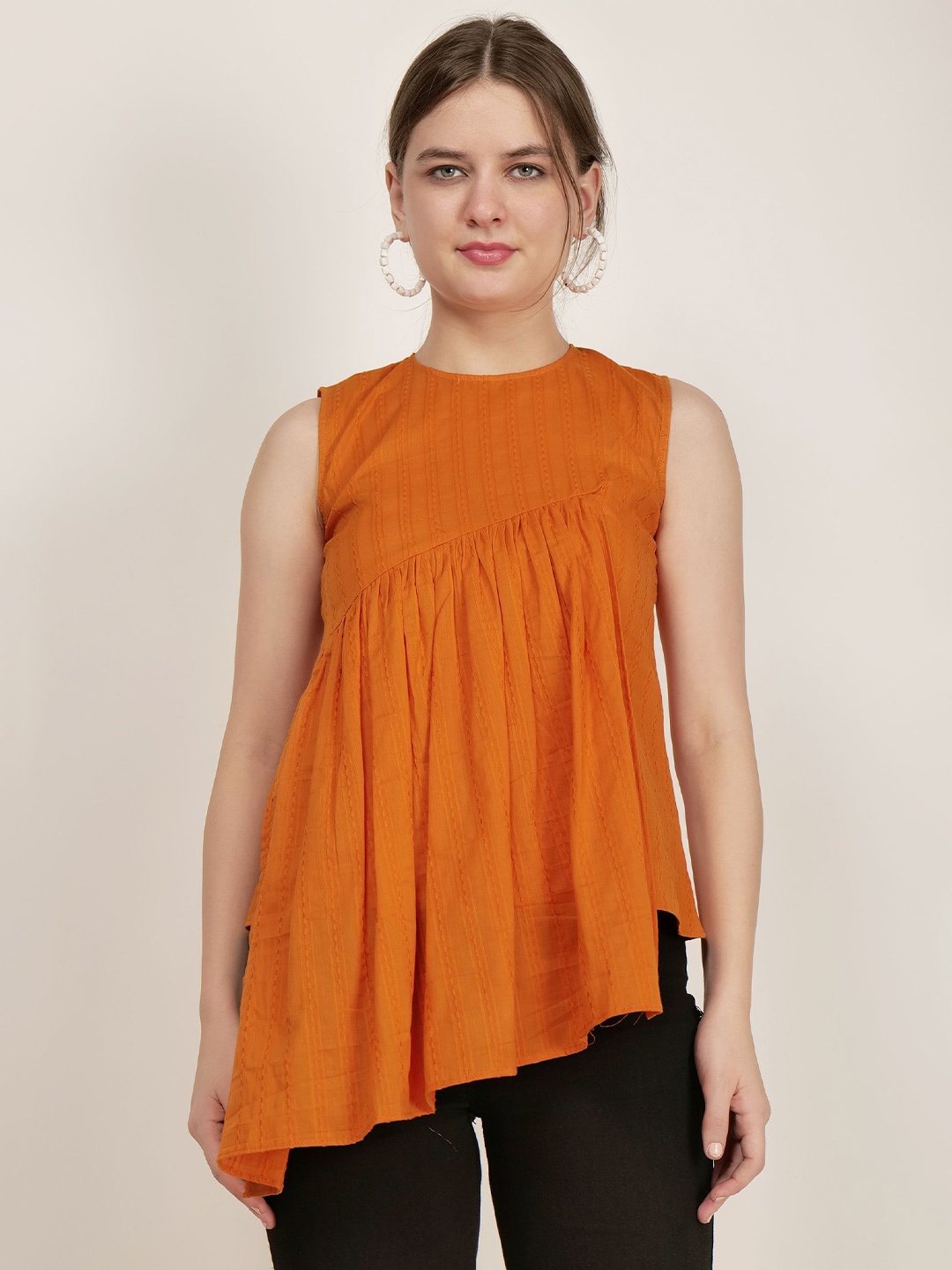 

AUDRAPE Women Cotton Self Design Round Neck Top, Orange