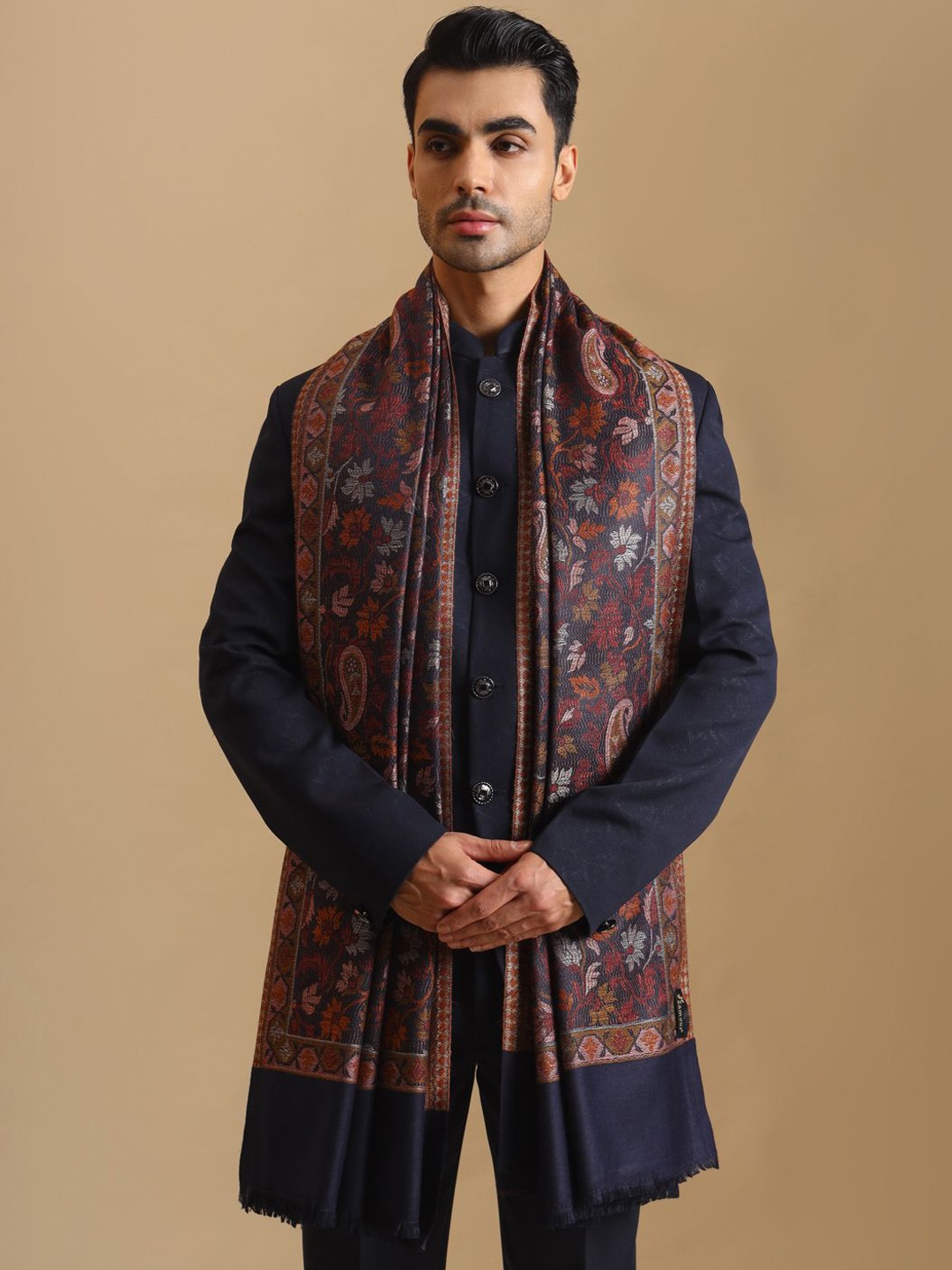 

Zamour Men Paisley Woven Design Shawl, Blue