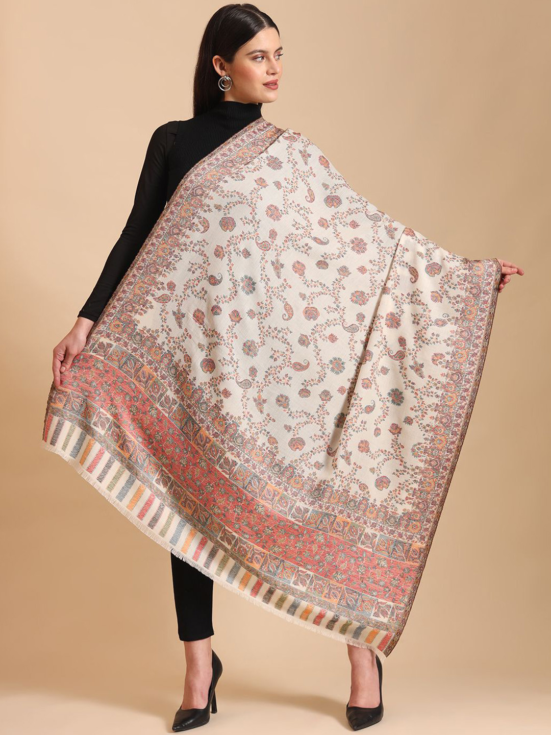 

Zamour Women Floral Woven Design Shawl, White