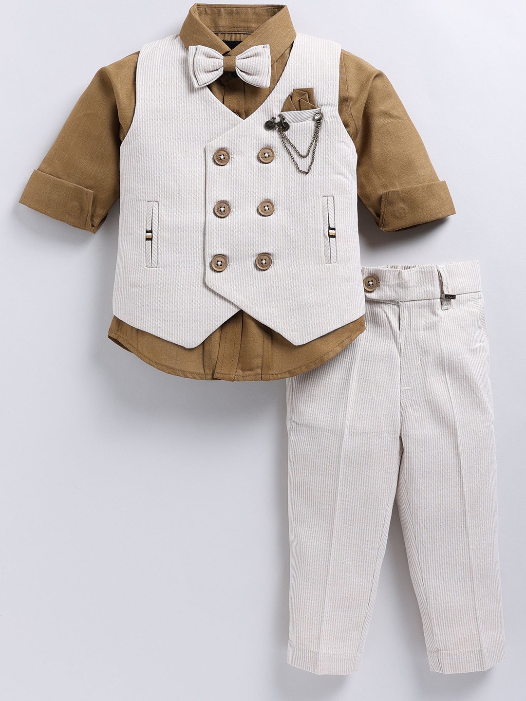 

LITTLE COLLARS Boys Striped Double-Breasted Waistcoat and Trousers with Shirt, Beige
