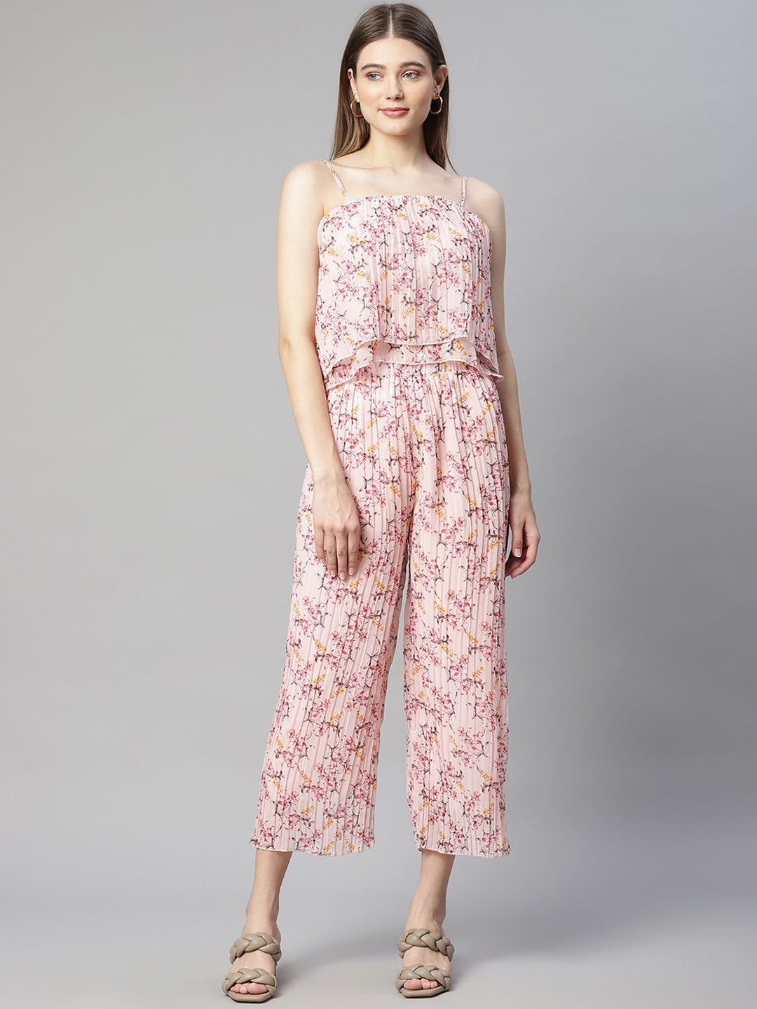 

Global Republic Printed Shoulder Straps Neck Sleeveless Top With Trouser, Pink
