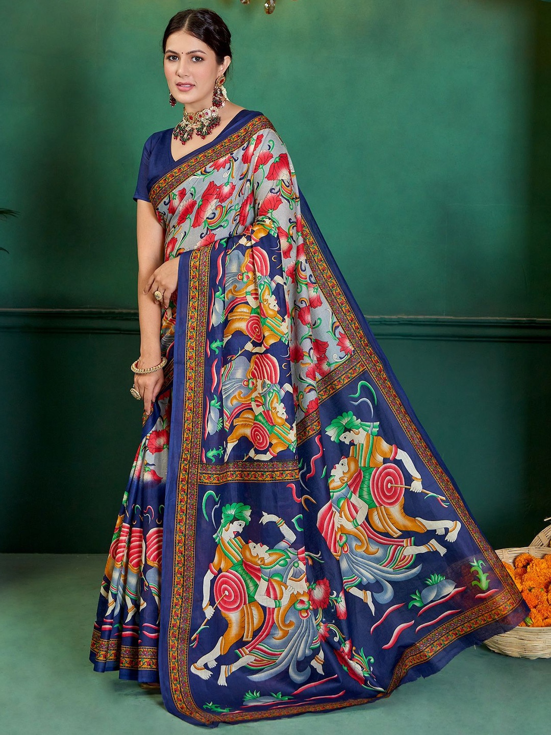 

HERE&NOW Ethnic Motifs Printed Pure Cotton Bhagalpuri Saree, Navy blue