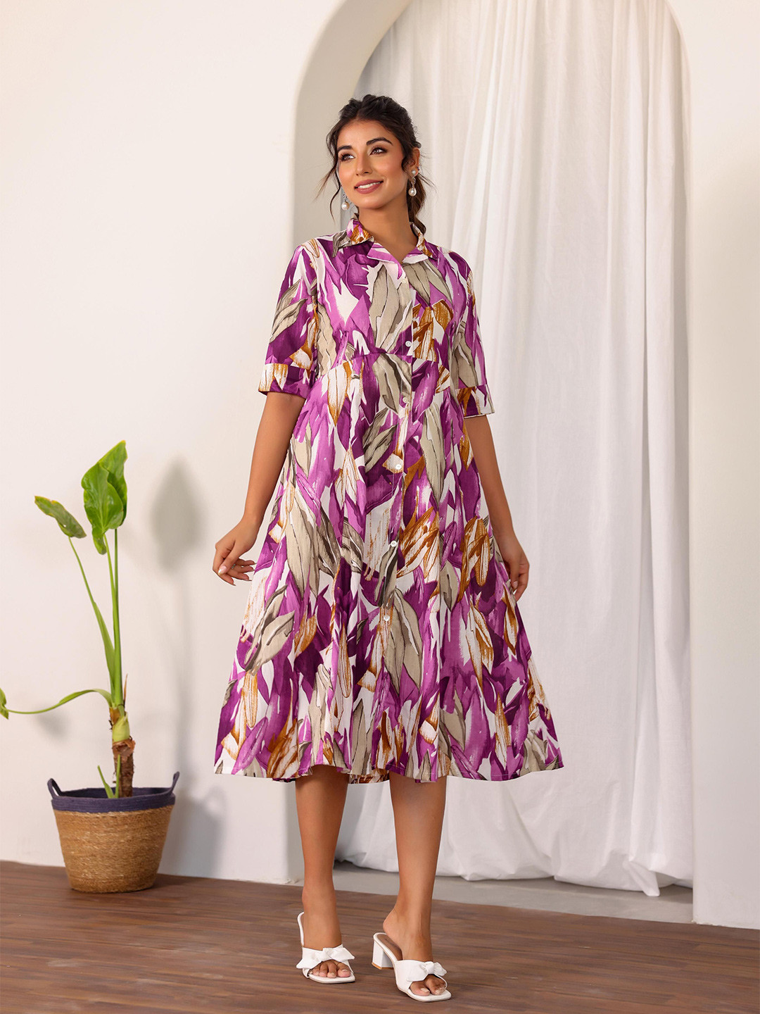 

FLAVIA CREATION Women Cotton Shirt Collar Floral Printed A-Line Midi Dress, Purple