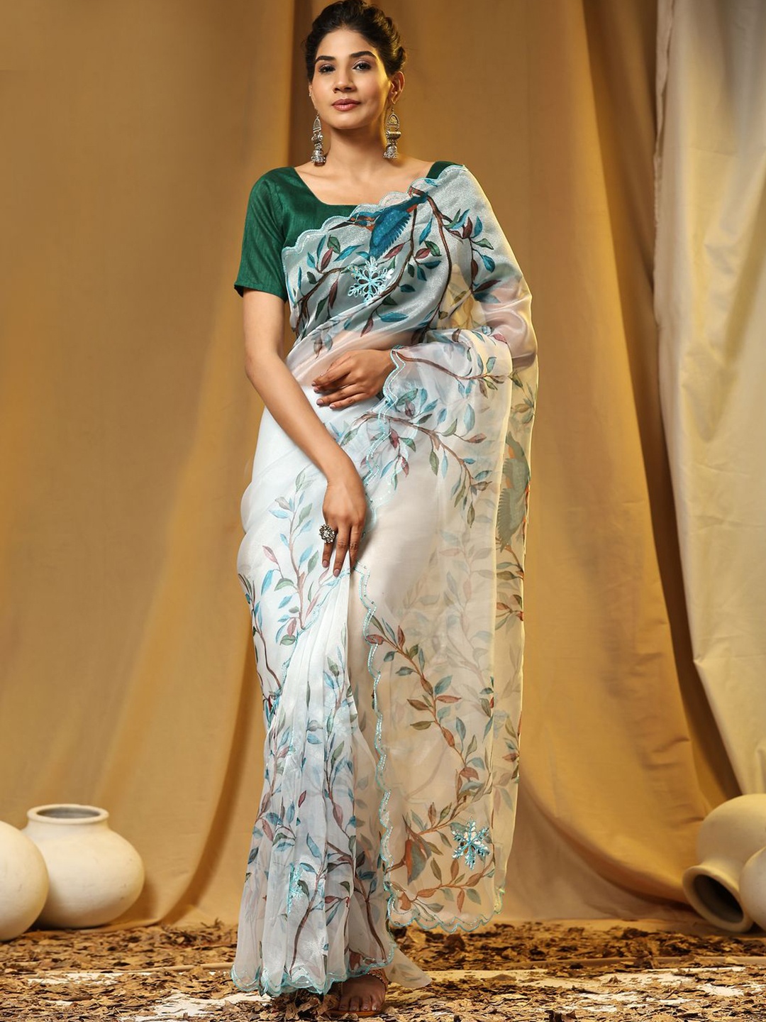 

Anouk Floral Printed Embellished Organza Saree, White