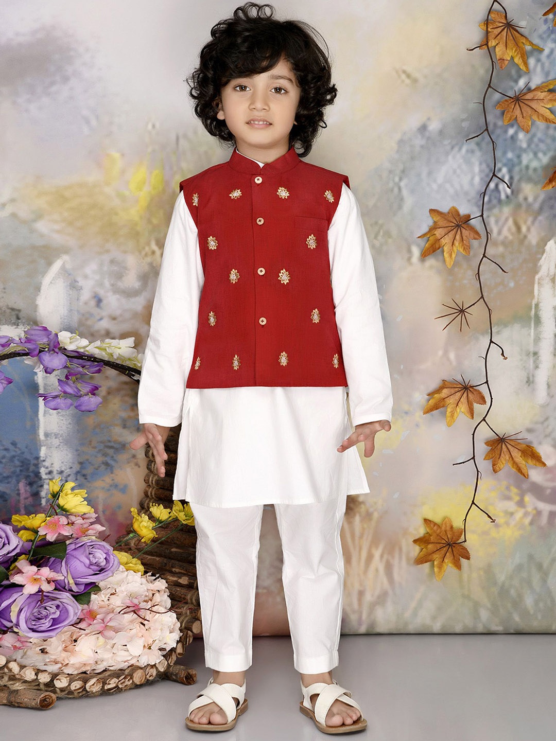 

MUDKID Boys Regular Pure Cotton Kurta with Pyjamas, Maroon
