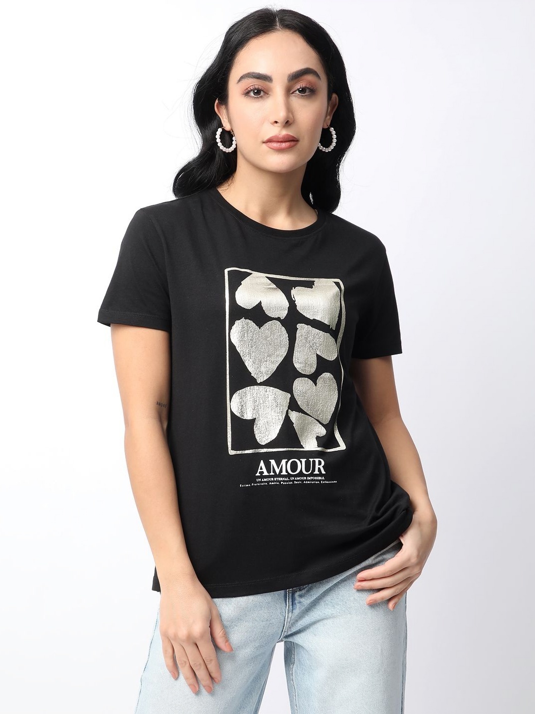 

R&B Women Printed Extended Sleeves Applique T-shirt, Black