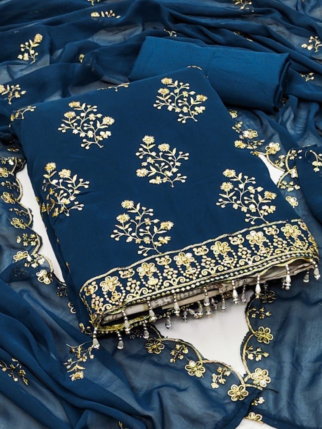 

ZEEPKART Silk Georgette Unstitched Dress Material, Turquoise blue