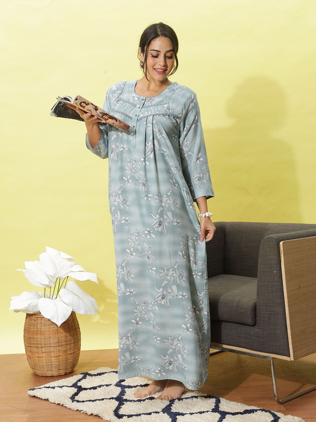 

9shines Label Women Floral Printed Maxi Nightdress, Blue