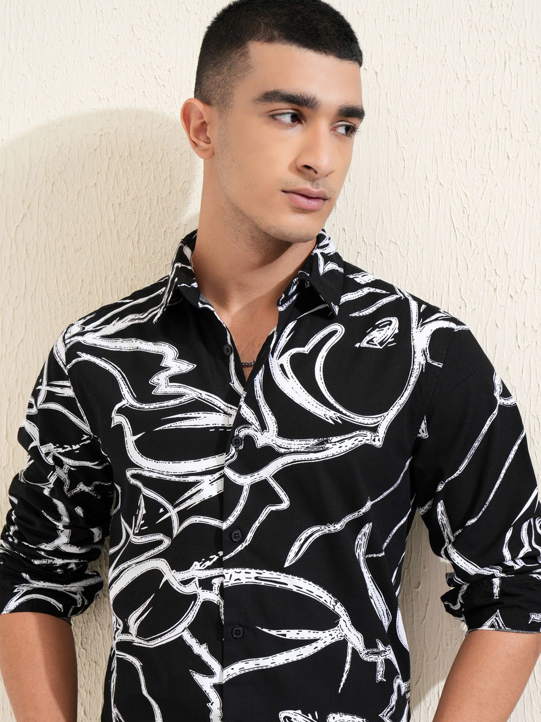 

KETCH Men Spread Collar Abstract Printed Abstract Cotton Casual Shirt, Black