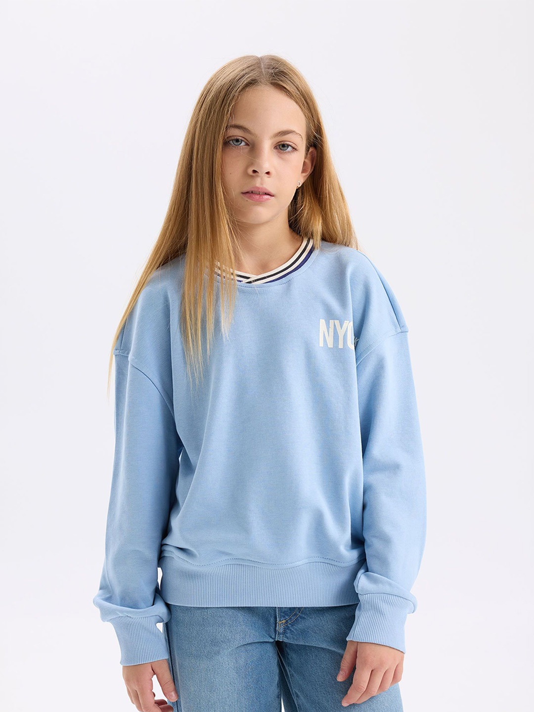 

DeFacto Girls Typography Printed Pullover, Blue