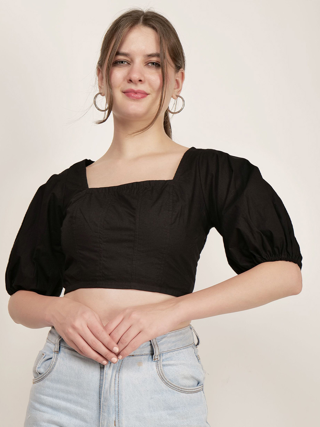 

AUDRAPE Women Square Neck Puff Sleeve Cotton Crop Top, Black