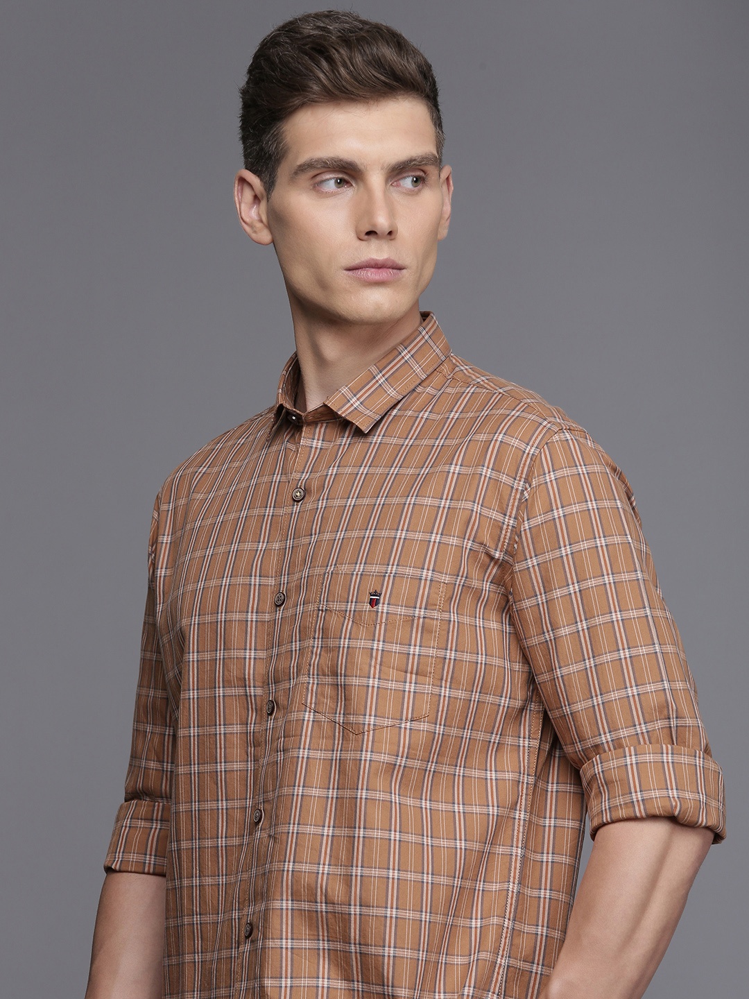 

Louis Philippe Sport Slim Fit Plaid Checks Pure Cotton Shirt, Brown